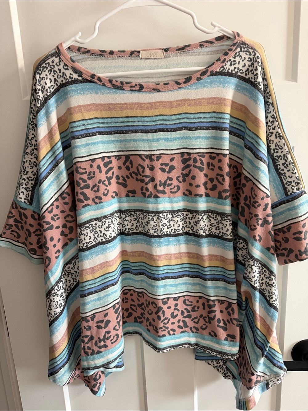 ODDY Multi-Stripe & Leopard Print Tunic Top - Pink, Blue, Yellow, White